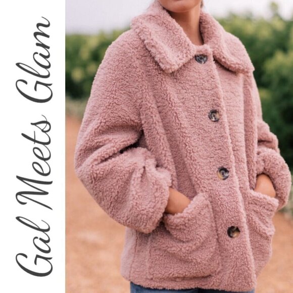 GAL MEETS GLAM Blush Pink Willa Faux Fur Teddy Jacket Fleece, Size Large - Picture 1 of 11
